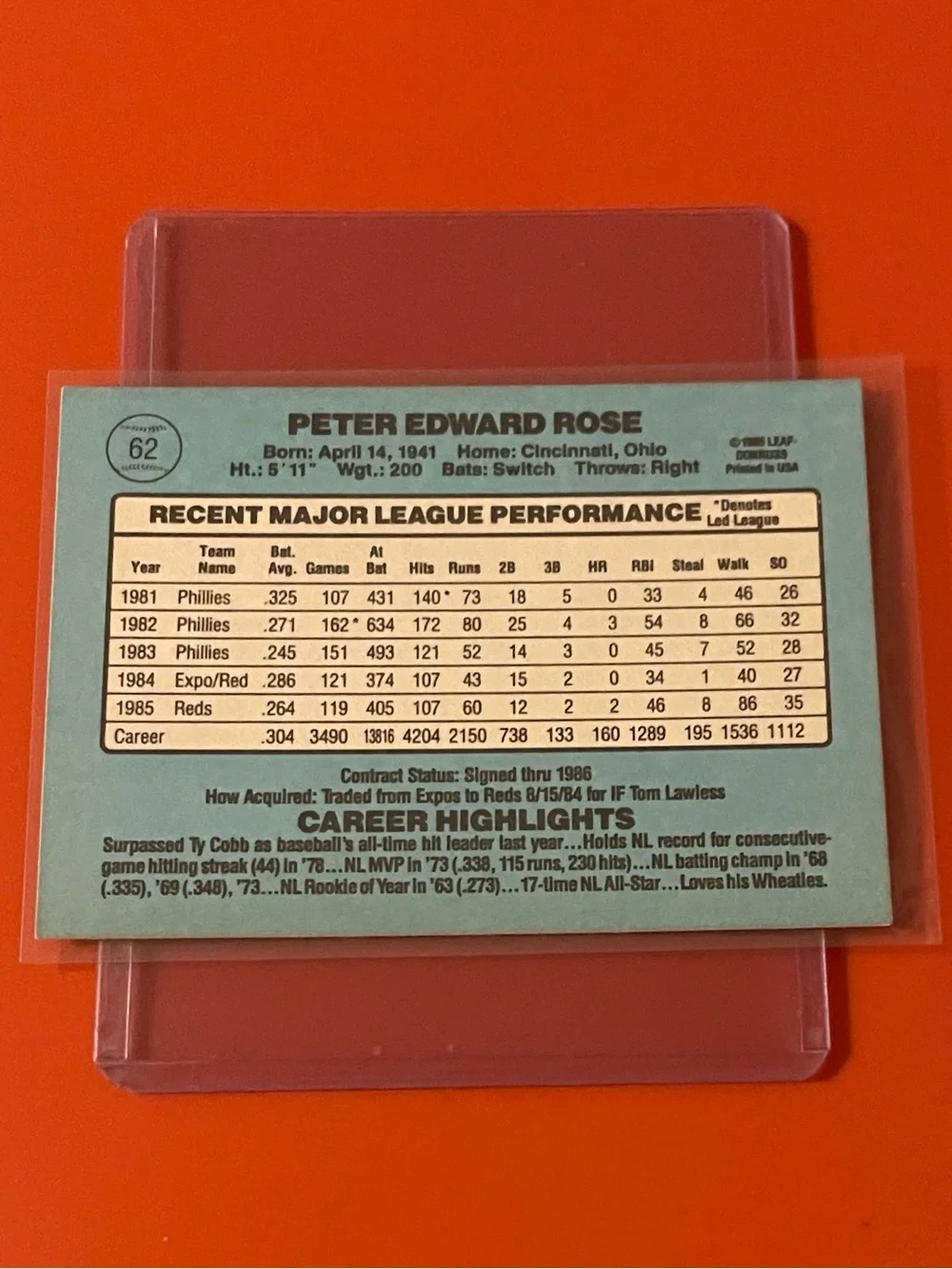 Pete Rose #62 1986 Donruss Baseball Trading Card